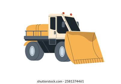 Bulldozer, heavy industrial vehicle. Loader, digger transport with big bucket for digging. Earthmoving mining construction work machine. Flat vector illustration isolated on white background