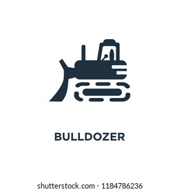 Bulldozer icon. Black filled vector illustration. Bulldozer symbol on white background. Can be used in web and mobile.
