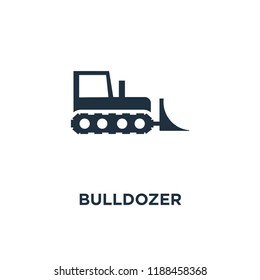 Bulldozer icon. Black filled vector illustration. Bulldozer symbol on white background. Can be used in web and mobile.