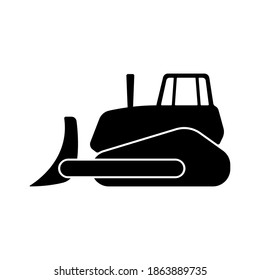 Bulldozer icon. Black silhouette. Side view. Vector flat graphic illustration. The isolated object on a white background. Isolate.