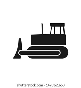 Bulldozer icon. Black silhouette. Vector drawing. Side view. Isolated object on a white background. Isolate.