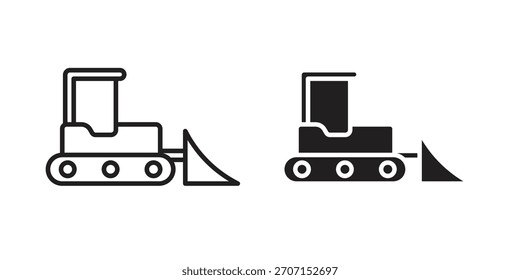 Ícone Bulldozer em um projeto de vetor traçado preto e versão sólida plana em fundo branco
