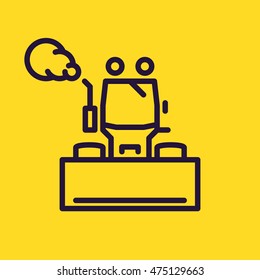 Bulldozer icon. Caterpillar crawler with blade. Front view, thin line style pictogram of construction motor vehicle. Dozer's exhaust smoke, yellow background. Pixel perfect.