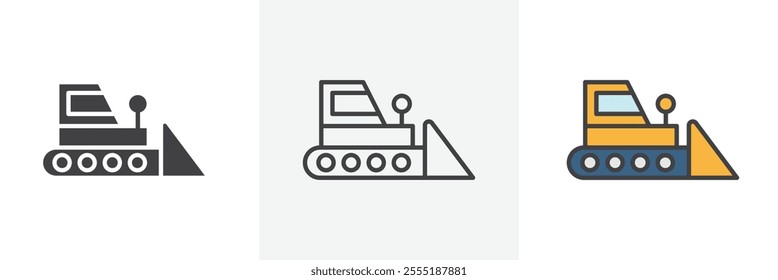 Bulldozer icon collection in black and colored style.