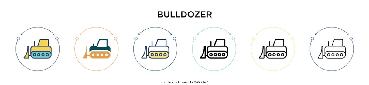 Icono del bulldozer en estilo relleno, delgado, contorno y trazo. Ilustración vectorial de dos iconos vectores de bulldozer de color y negro se puede utilizar para móviles, ui, web