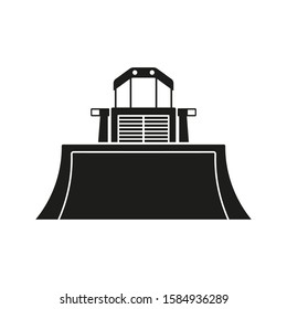 Bulldozer icon. Front view. Black silhouette. Vector drawing. Isolated object on a white background. Isolate.