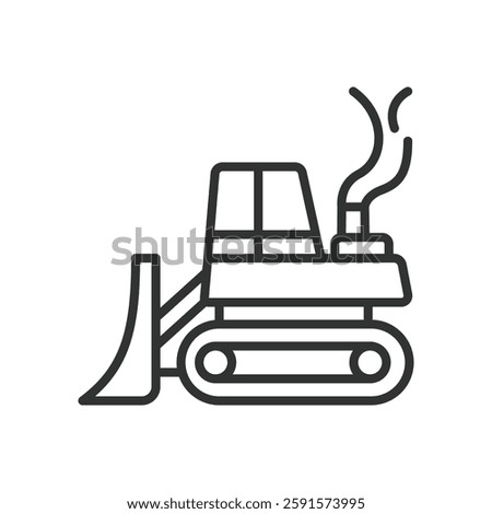 Bulldozer, icon in line design. Bulldozer, construction, heavy equipment, earthmover, machinery, excavation, demolition on white background vector. Bulldozer editable stroke icon