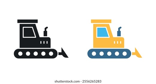 Bulldozer icon set in black and colored versions.