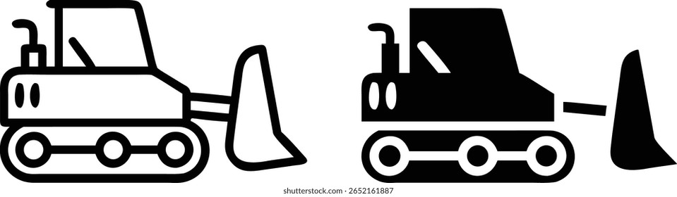 Conjunto de ícone Bulldozer - Vetor de equipamento de construção preto e branco para projetos de máquinas industriais, terraplenagem e pesadas