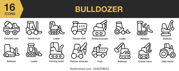 Conjunto de ícones Bulldozer. Inclui construção, escavadeira, máquinas, indústria, máquina e muito mais. Contornar coleção de vetores de ícones.