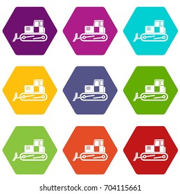 Bulldozer icon set many color hexahedron isolated on white vector illustration
