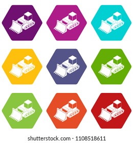 Bulldozer icons 9 set coloful isolated on white for web