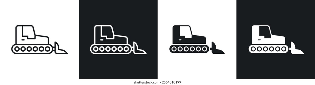 Bulldozer icons collection in black filled and line style.