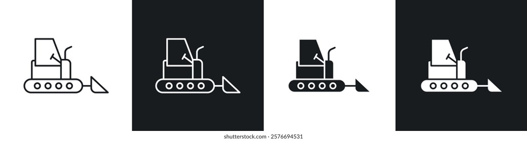 Bulldozer icons collection in black and white solid and line style