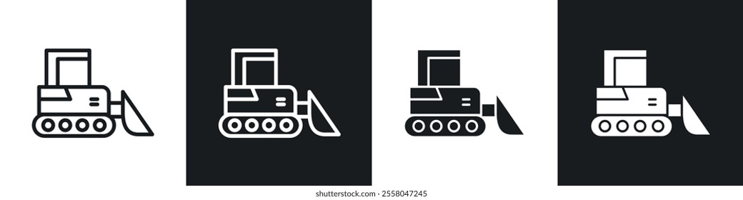 Bulldozer icons pack in black and white filled and outlined versions.