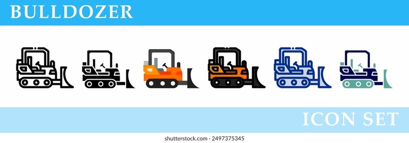 Bulldozer icons set. 6 Various styles. For sign, symbol, element, presentation, infographic or web graphics. Vector Illustration.