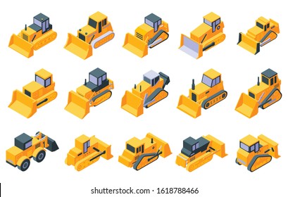 Bulldozer Icons Set. Isometric Set Of Bulldozer Vector Icons For Web Design Isolated On White Background