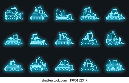 Bulldozer icons set. Outline set of bulldozer vector icons neon color on black