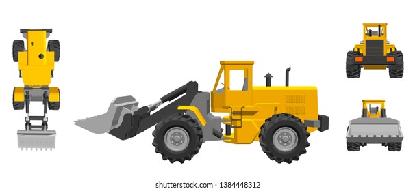 Bulldozer. Isolated on white background. 3d Vector illustration. Different viewes.