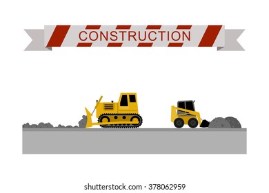 Bulldozer leveled the road. Construction machines in flat style. Vector icons of building machinery.