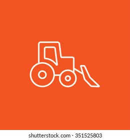 Icono de línea bulldozer para web, móvil e infografía. Icono blanco vector aislado en fondo rojo.