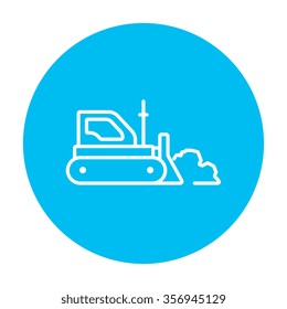 Bulldozer line icon for web, mobile and infographics. Vector white icon on the light blue circle isolated on white background.