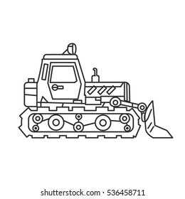 Bulldozer linear icon. Crawler. Tractor with bucket. 