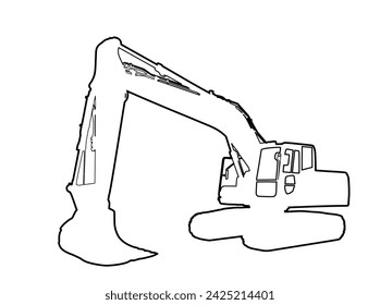 Silueta vectorial de contorno de línea de cargador de topadoras aislada sobre fondo blanco. Ilustración de excavadora polvorienta. Excavadora para tierra. En construcción. Máquina de construcción bager. Motoniveladora aislada.