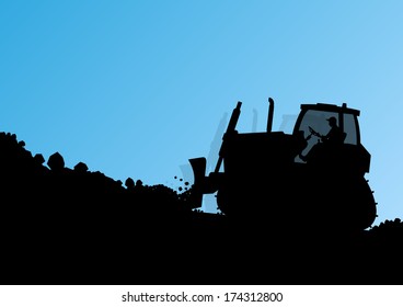 Bulldozer loader tractor at industrial construction digging site landscape vector background illustration