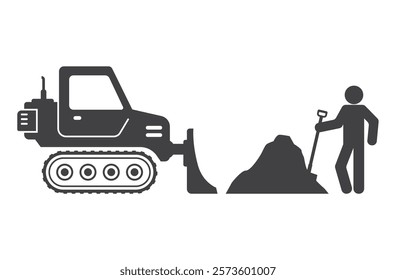 bulldozer loader vehicle and worker person on dig earthworks icon  