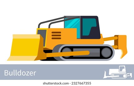 Bulldozer with log hood guard minimalistic icon. Forestry construction equipment isolated vector. Heavy equipment vehicle. Color icon illustration on white background.