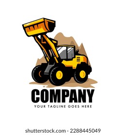 Bulldozer logo design vector for construction company. Wheel tractor dozer