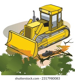 Bulldozer on construction site, vector illustration