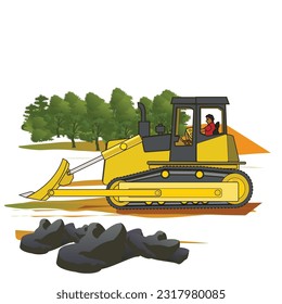 Bulldozer en el lugar de construcción, ilustración vectorial