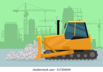 Bulldozer on construction vector concept. Dozer pushing bricks, silhouette of buildings and cranes on background. Industrial machine. For construction theme illustrating, building companies ad