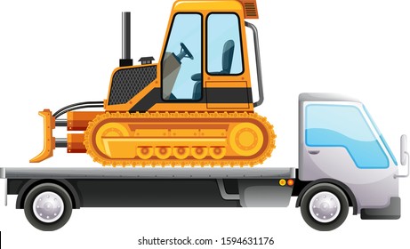 Bulldozer on flatbed truck on isolated background illustration