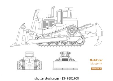 Bulldozer in outline style. Front, side and back view of digger. Building machinery image. Industrial isolated drawing of  dozer. Diesel vehicle blueprint. Vector illustration