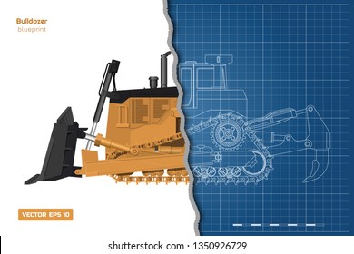 Bulldozer in outline style. Front, side and back view of digger. Building machinery image. Industrial isolated drawing of orange dozer. Diesel vehicle blueprint. Vector illustration