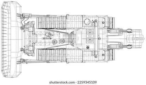 Bulldozer in outline style. Wire-frame line isolated. Vector rendering of 3d.