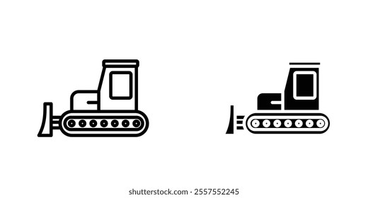 Bulldozer outlined and solid icon vector collection.