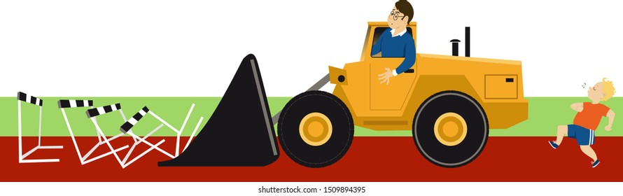 Bulldozer Parent Removing Obstacles Before His Overprotected Child, EPS 8 Vector Illustration