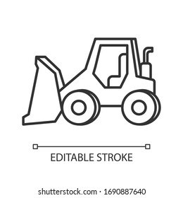 Bulldozer pixel perfect linear icon. Road works industrial truck. Dozer for ground loading. Thin line customizable illustration. Contour symbol. Vector isolated outline drawing. Editable stroke