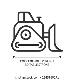 Bulldozer pixel perfect linear icon. Heavy materials pushing. Coal mining vehicle. Heavy industry machine, equipment. Thin line illustration. Contour symbol. Vector outline drawing. Editable stroke