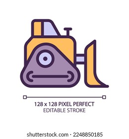 Bulldozer pixel perfect RGB color icon. Heavy materials pushing. Coal mining vehicle. Heavy industry machine, equipment. Isolated vector illustration. Simple filled line drawing. Editable stroke