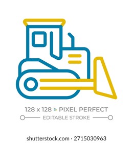 Bulldozer pixel perfecto icono de línea de dos colores. Máquinas pesadas. Vehículo de Industrial. Equipo de movimiento de tierras símbolo de contorno bicolor. Pictograma lineal duotono. Ilustración aislada. Trazo editable