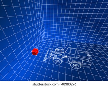 Bulldozer pushing the last cube to the wall