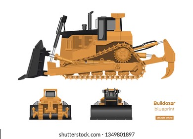 Bulldozer in realistic style. Front, side and back view of digger. Building machinery 3d image. Industrial isolated drawing of orange dozer. Diesel vehicle blueprint. Vector illustration