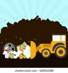 Bulldozer rearranging garbage in landfill. Silhouette of a pile of rubbish in the background. Garbage contains tires, rotten foods, plastics, glass and old crate.