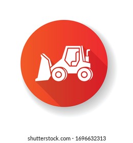 Bulldozer red flat design long shadow glyph icon. Road works industrial truck. Dozer for ground loading. Excavator for construction. Agricultural transport. Silhouette RGB color illustration