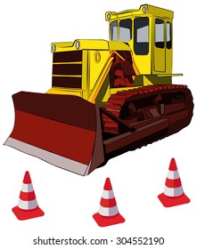 Bulldozer and road cones, vector illustration, isolated on white
